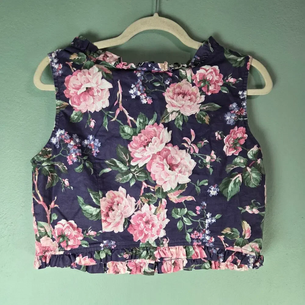 Vintage Banjo Women Floral Pearl Snap Sleeveless Crop Top Cottage Prairie Ruffle